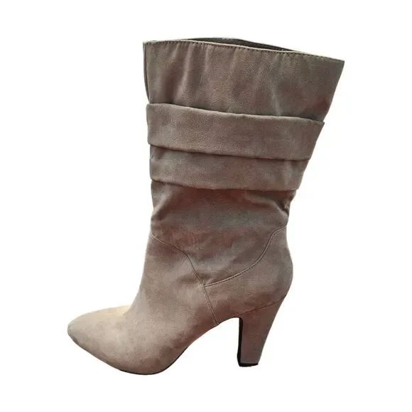 Nine West Taupe Tan Heeled Ankle Boots 9 Slouch Faux Suede - Picture 3 of 5